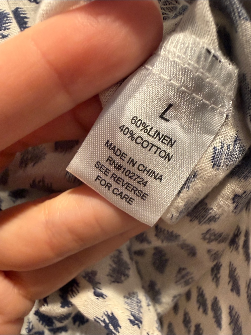 Linen Blend White Button-Down Shirt with Navy Pattern - Picture 3 of 8